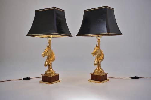 Maison Charles horse lamps pair brass & wood, 1970`s ca, French